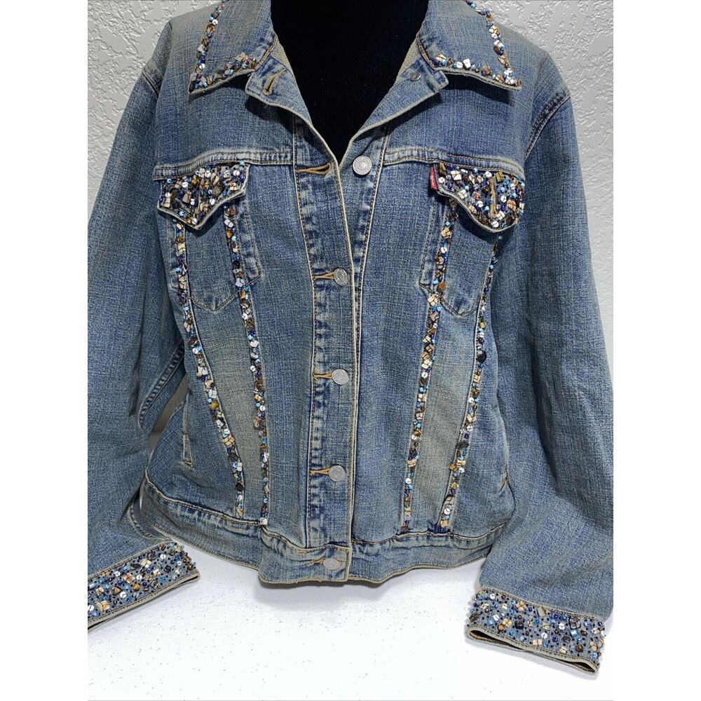 Women's Levi’s Levi Strauss Denim Jean Jacket Stones Rocks Custom Cross Large